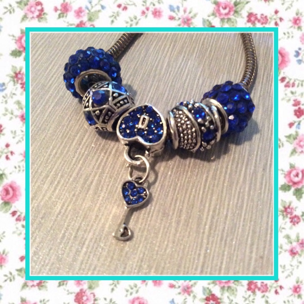 🍒 5PC DARK BLUE BEAD CHARMS HEART KEY NECKLACE NAVY WIDE HOLE SPARKLE DIAMOND